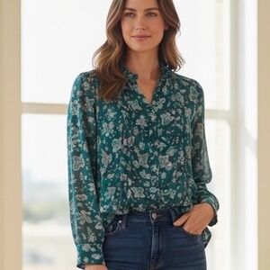 Nanette Lepore Teal Floral Ruffle-Neck Peasant Blouse